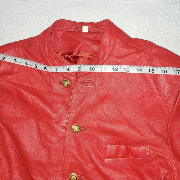 Manart Red Leather Coat Jacket Women's Button Down Lined Pockets Size Large - Picture 10 of 12